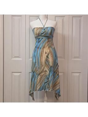 Blue Brown Marble Print Babydoll Halter Dress Size XS Vintage Y2K Mermaid Fairy